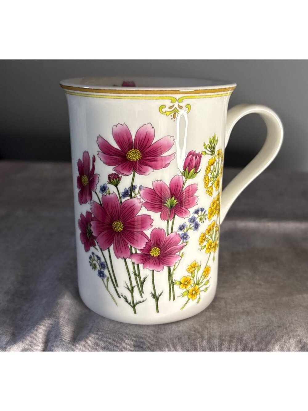 Stechcol Bone China Mug Pink & Yellow Floral Design Gold Rim